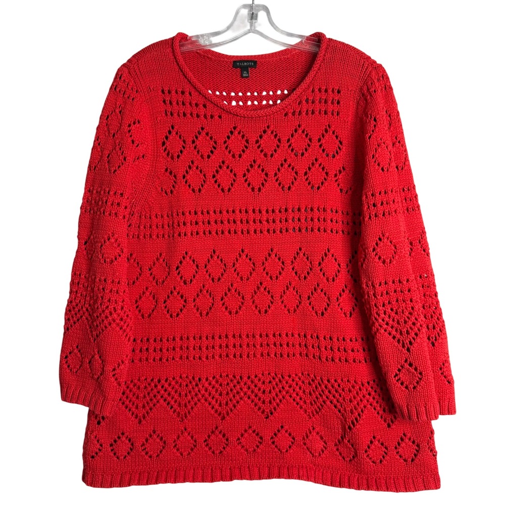 Talbots Pointelle Sweater Womens XL Red Open Knit Preppy Cotton Blend Crew Neck
